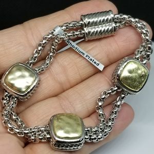 Silver Gold Two-Tone Rhodium Chain Bracelet Textured Hammered